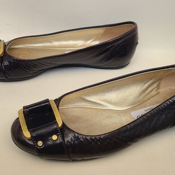Jimmy Choo Dark Purple Patent Leather Ballet Flats EU 37.5 Gold Tone Buckle - Picture 3 of 16